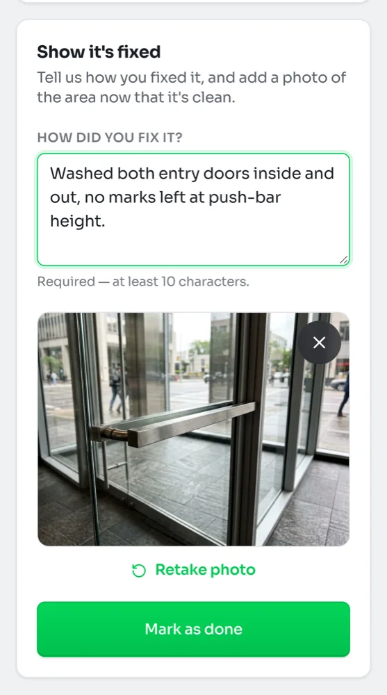 The Show it's fixed section with a note about washing both entry doors, a photo of the clean doors and the Mark as done button