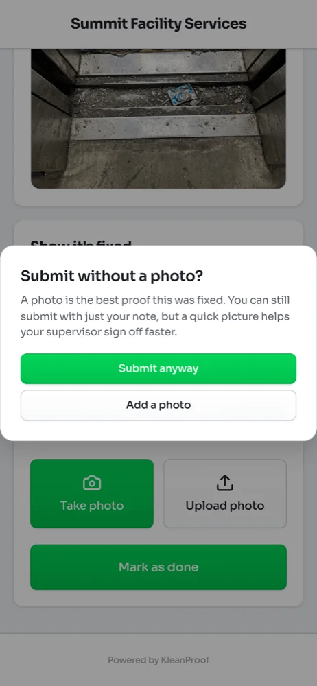 A box asking Submit without a photo? with Submit anyway and Add a photo buttons