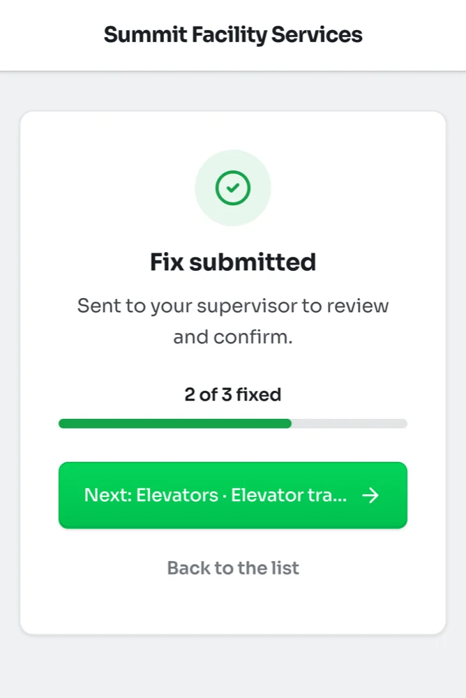 Fix submitted screen reading 2 of 3 fixed with a progress bar, a Next button for the elevator item and Back to the list