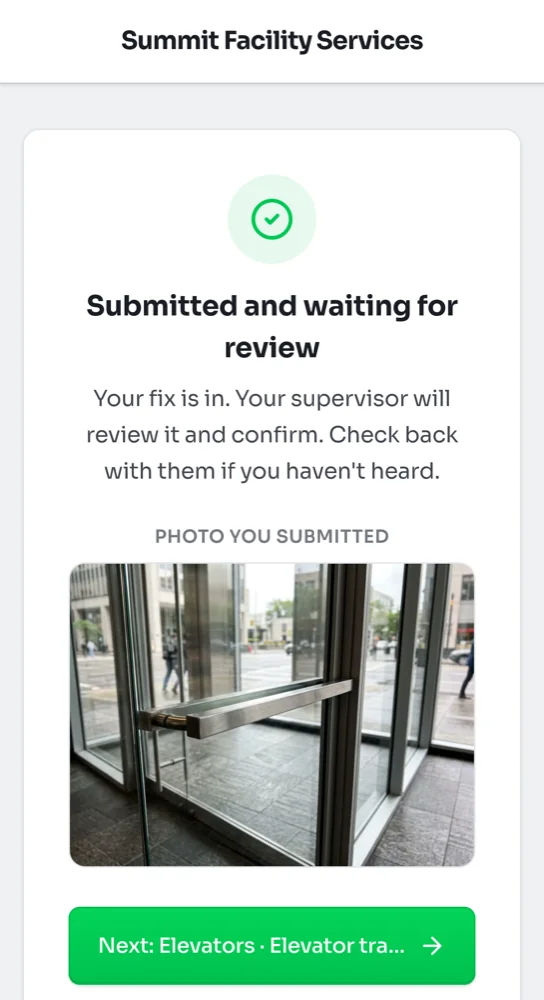 Submitted and waiting for review screen with the photo the cleaner sent of the clean entry doors