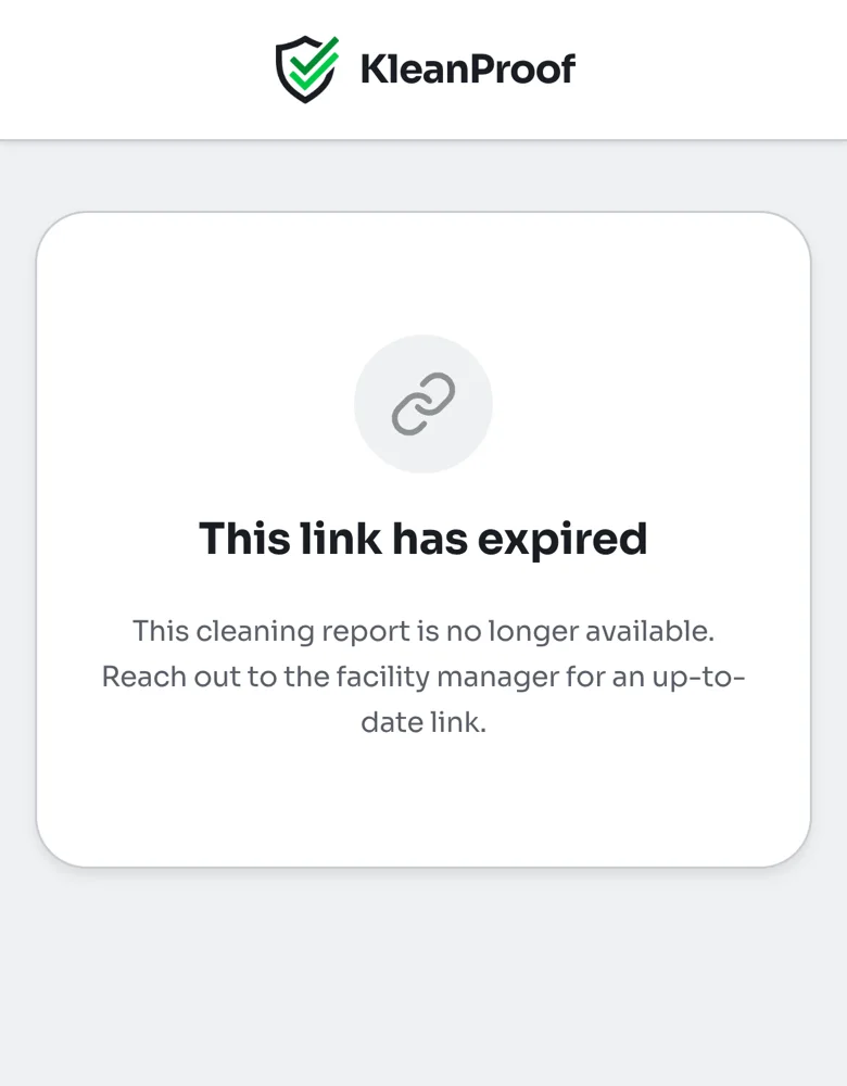 A page on a phone that reads This link has expired, with a note to reach out to the facility manager for an up-to-date link
