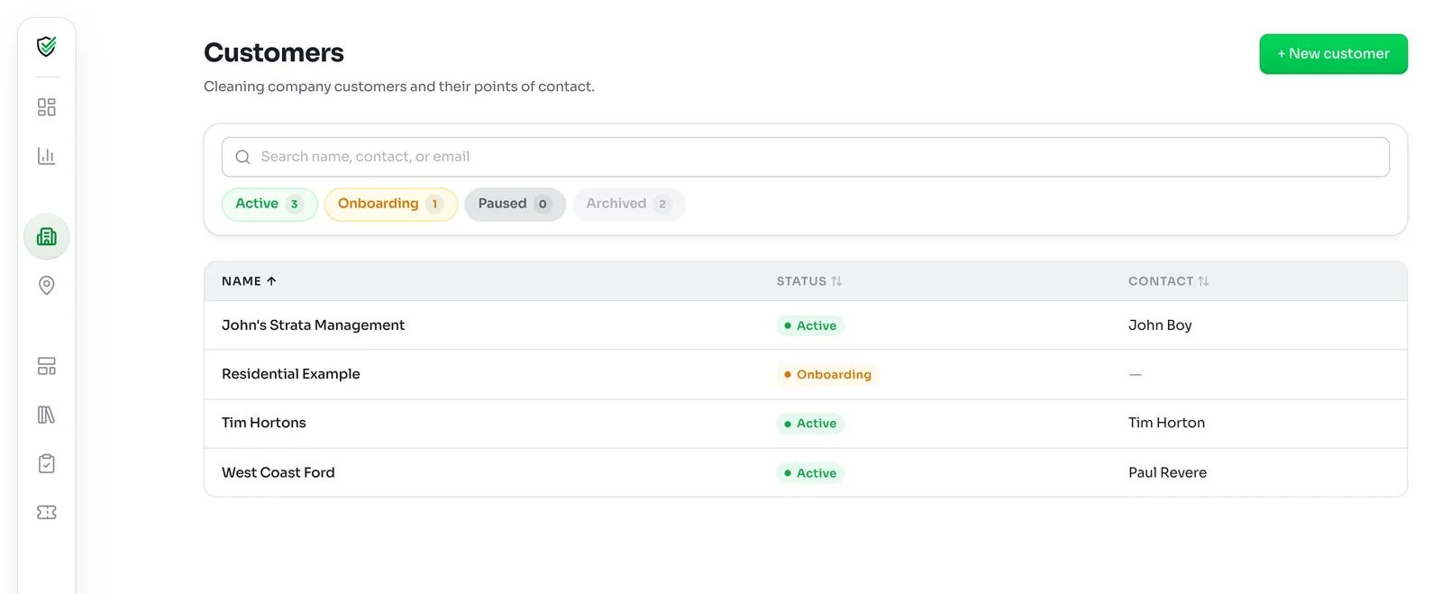 Customers list with a search box, status filters and four customers with their status and contact