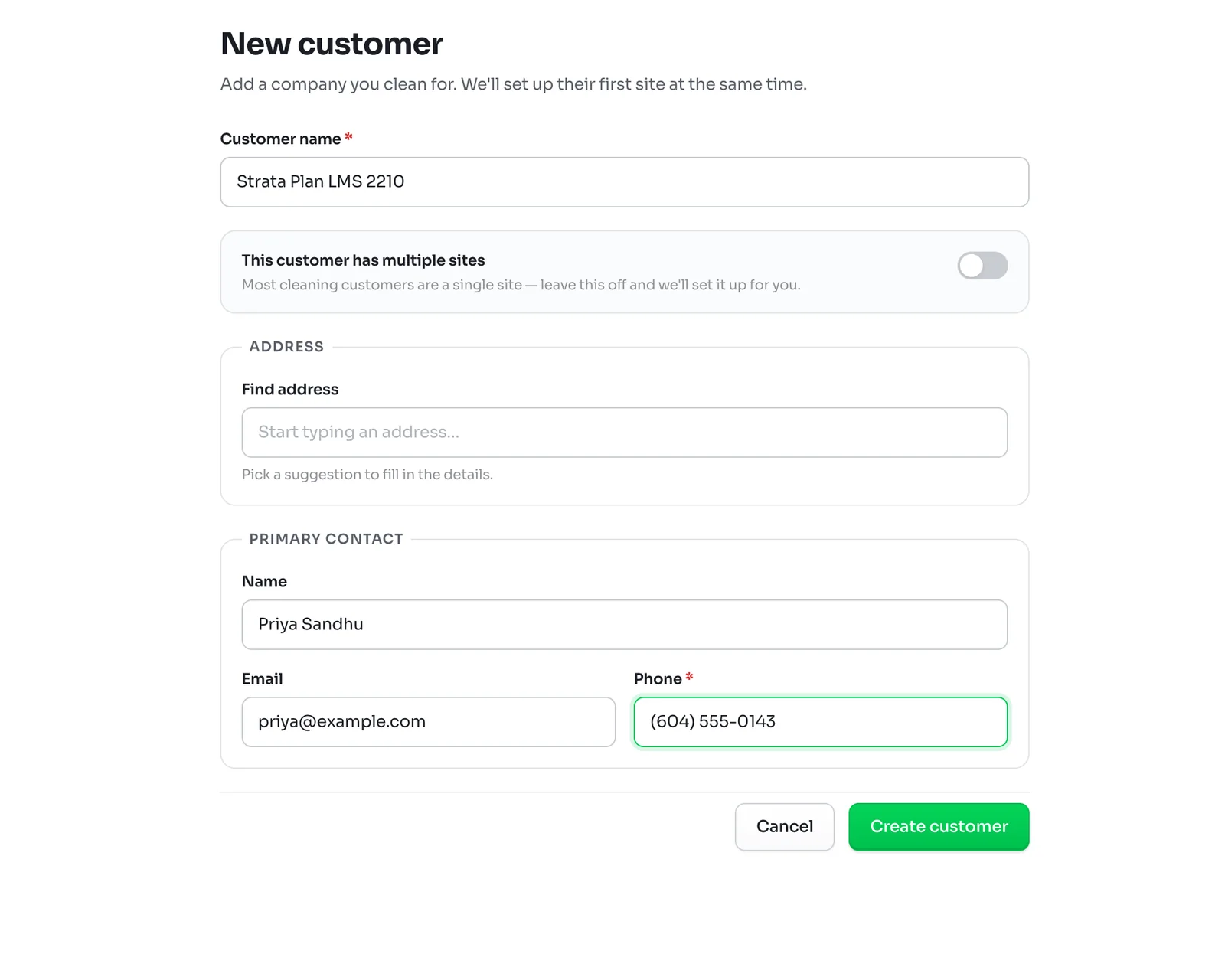 New customer form with the name Strata Plan LMS 2210, the multiple sites switch off, an address search and a primary contact with name, email and phone