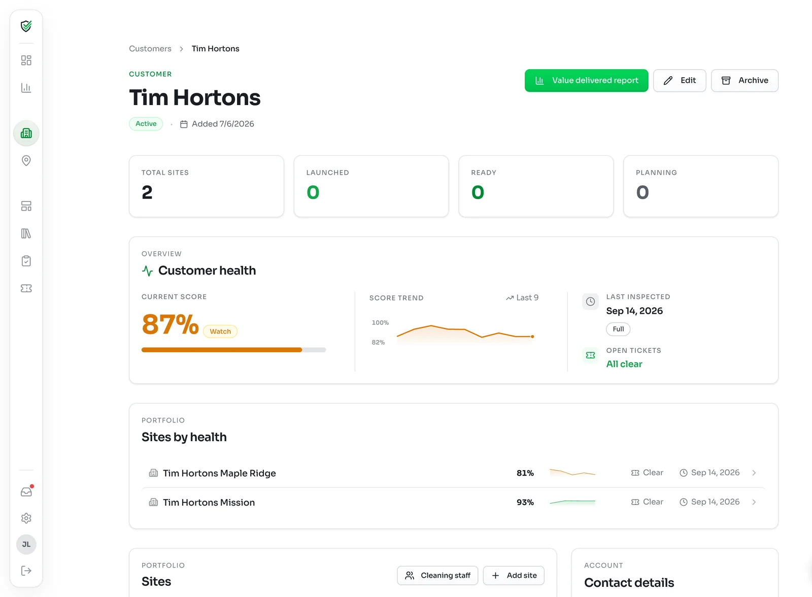 Tim Hortons customer page with total sites, Customer health at 87 percent with a score trend, and Sites by health listing two sites