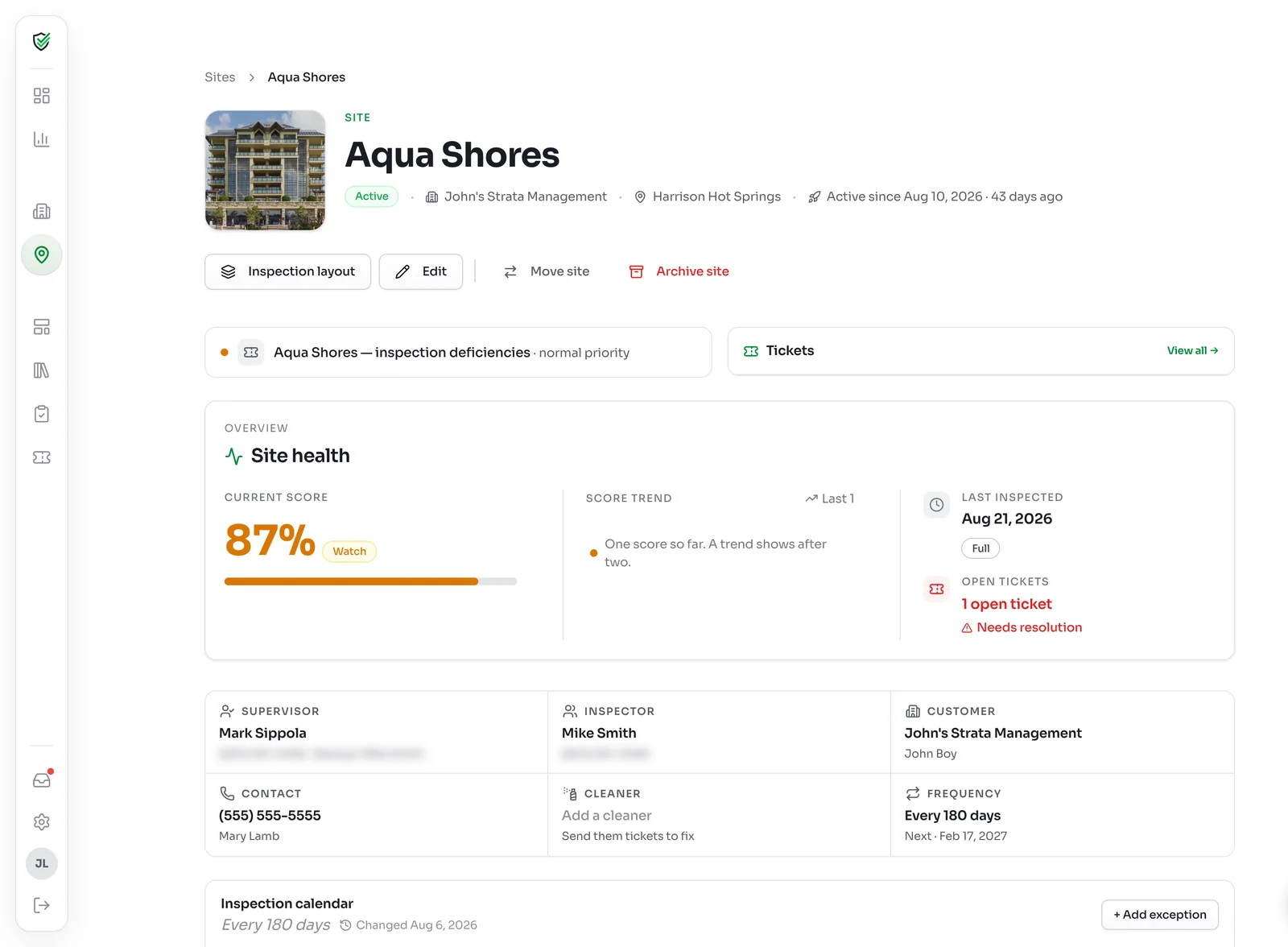 Aqua Shores site page with a cover photo, Inspection layout, Edit, Move site and Archive site buttons, Site health at 87 percent and the site's team and schedule