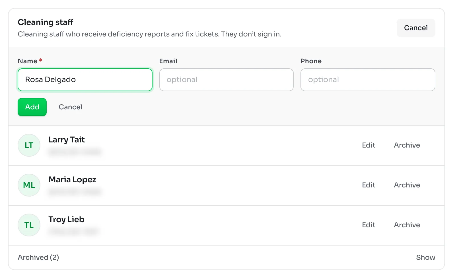 The add form open with the name Rosa Delgado, optional Email and Phone boxes and an Add button