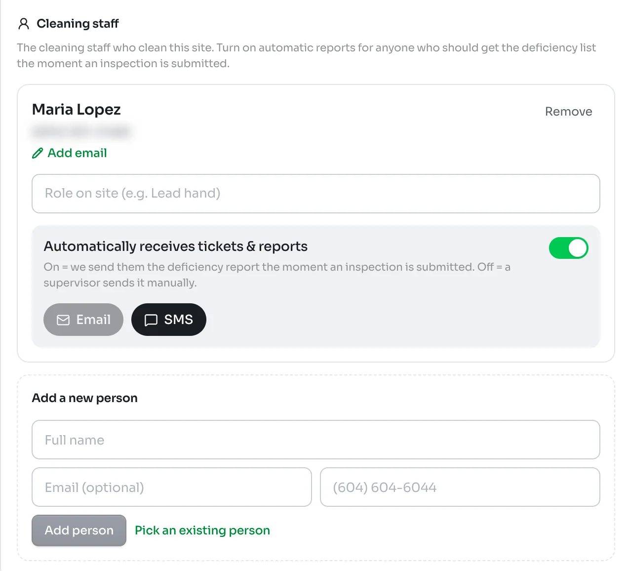 Cleaning staff on a site's Team section, with Maria Lopez set to automatically receive tickets and reports by SMS, and an Add a new person form below
