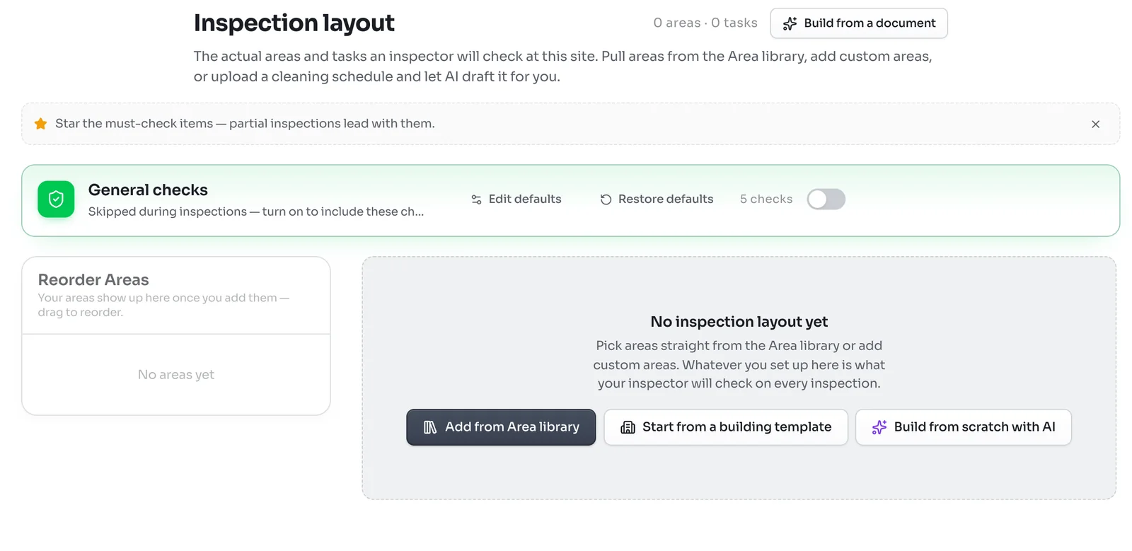 An empty Inspection layout reading No inspection layout yet, with buttons for Add from Area library, Start from a building template and Build from scratch with AI