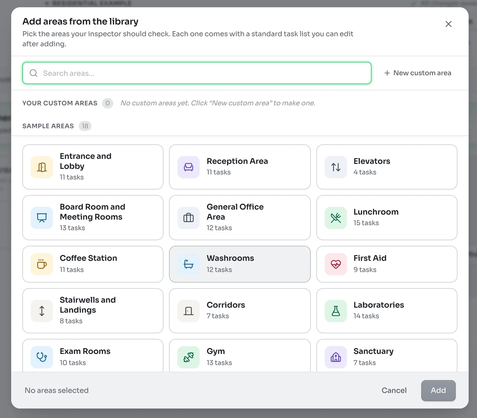 Add areas from the library window with a search box, a New custom area button and a grid of sample areas such as Entrance and Lobby, Elevators and Washrooms, each with a task count