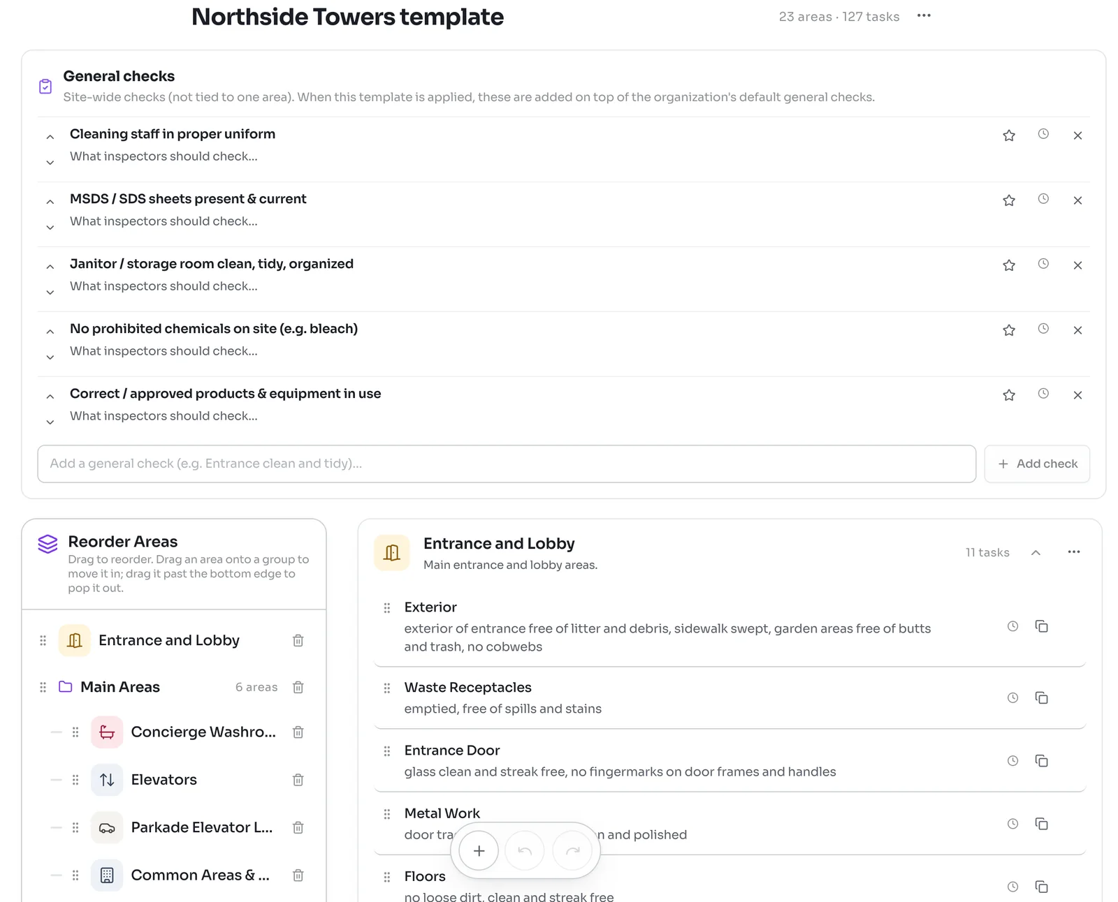 Northside Towers template with 23 areas and 127 tasks, its General checks list such as staff in proper uniform and SDS sheets present, and the Reorder Areas panel beside the Entrance and Lobby tasks