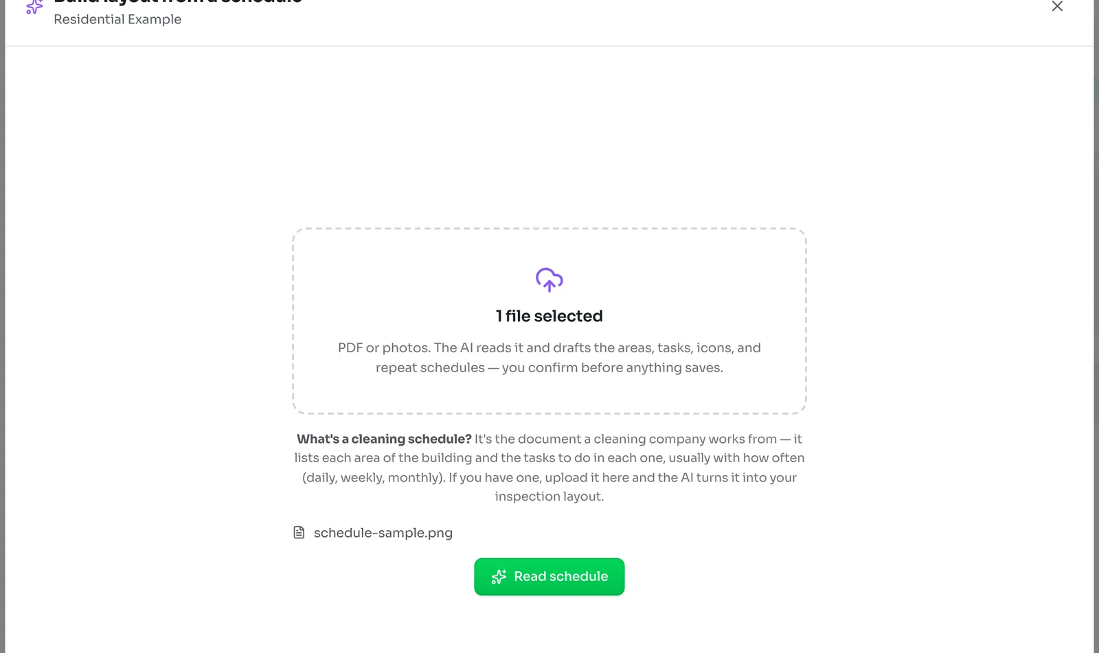 Build layout from a schedule window with one file selected, an explanation of what a cleaning schedule is and a Read schedule button