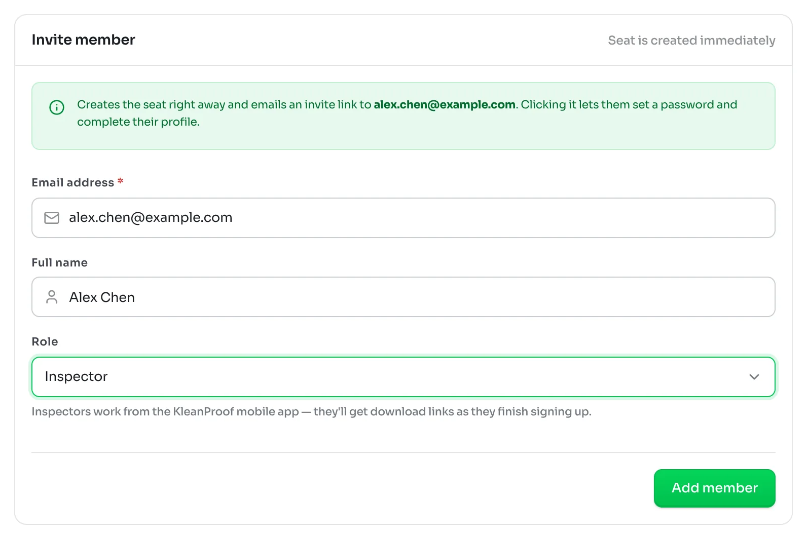 Invite member form filled in for Alex Chen with the Inspector role, a note that the seat is created right away with an invite link emailed, and an Add member button