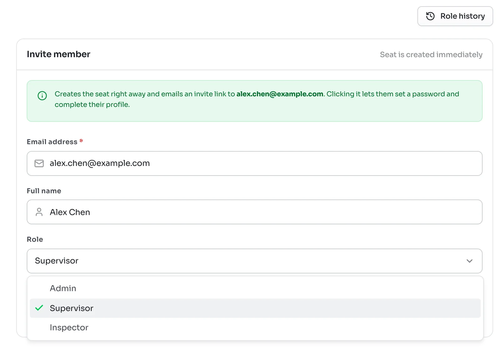 The Role menu in the invite form opened, showing Admin, Supervisor and Inspector with Supervisor selected, and a Role history button above