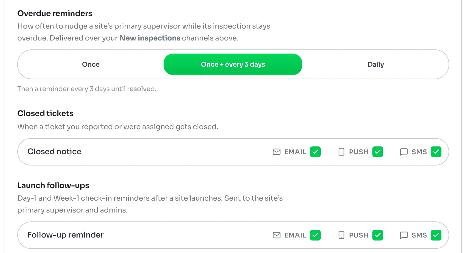 Overdue reminders set to Once plus every 3 days, and rows for Closed tickets and Launch follow-ups with Email, Push and SMS ticked