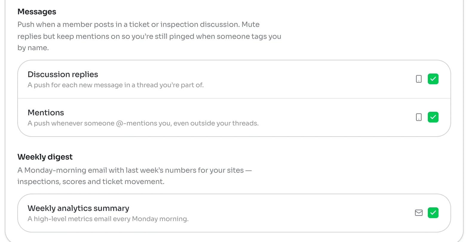 Messages section with Discussion replies and Mentions both on, and the Weekly digest section with Weekly analytics summary switched on for email