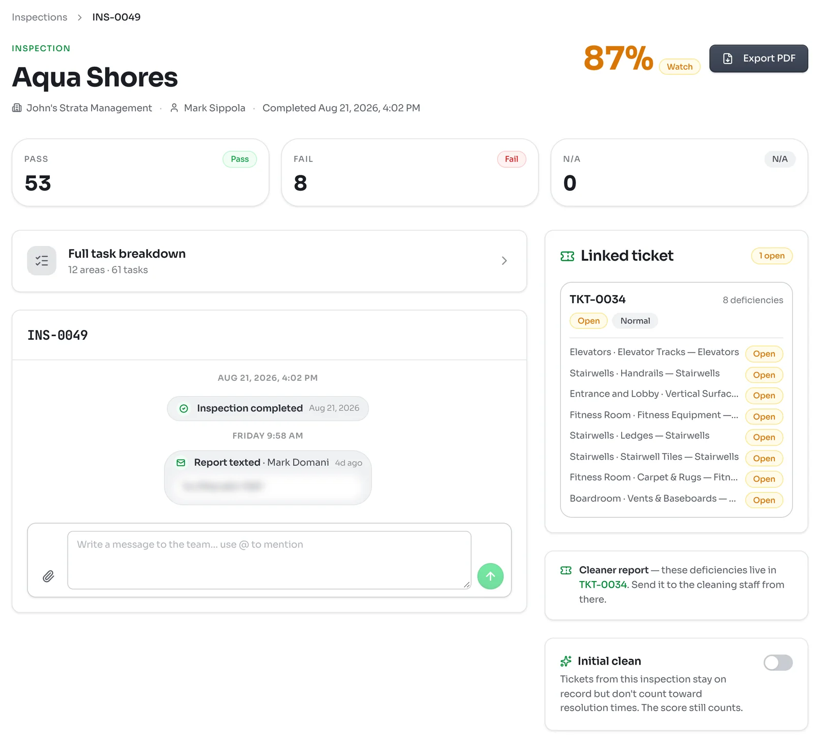 Inspection INS-0049 at Aqua Shores scoring 87 percent with a Watch label, tiles for 53 pass, 8 fail and 0 N/A, a Full task breakdown row, the discussion, and a Linked ticket listing 8 open deficiencies