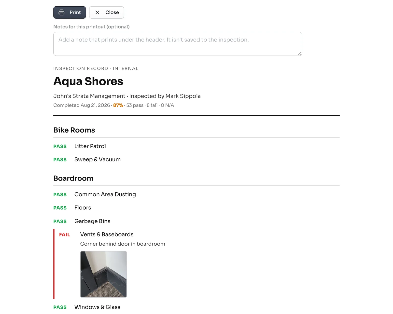 Printable inspection record for Aqua Shores with Print and Close buttons, a box for a printout note, and areas listing each task as pass or fail with a photo on the failed one