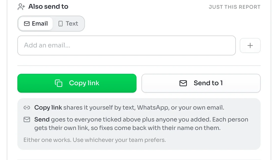 Also send to with Email and Text options and an Add an email box, then a Copy link button and a Send to 1 button, with a note explaining that Send gives each person their own link