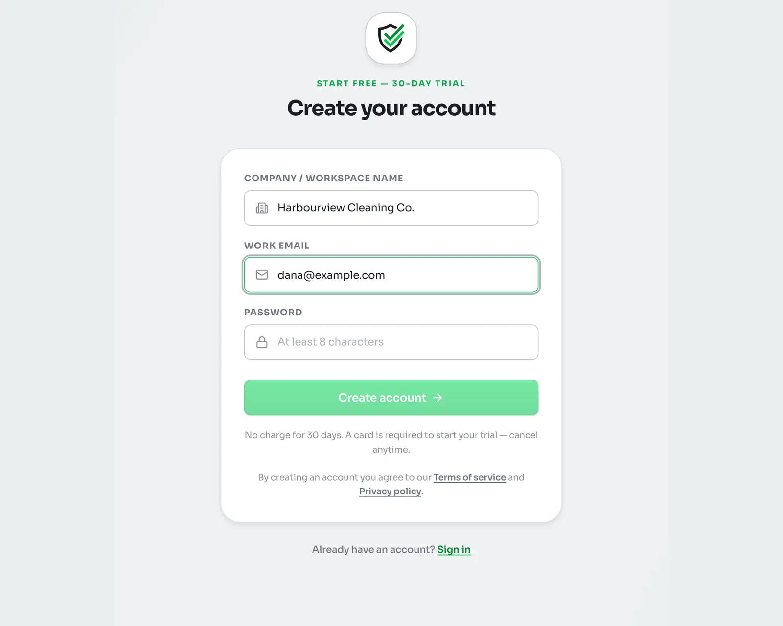 Create your account form on kleanproof.com with the company name Harbourview Cleaning Co., a work email and a password field