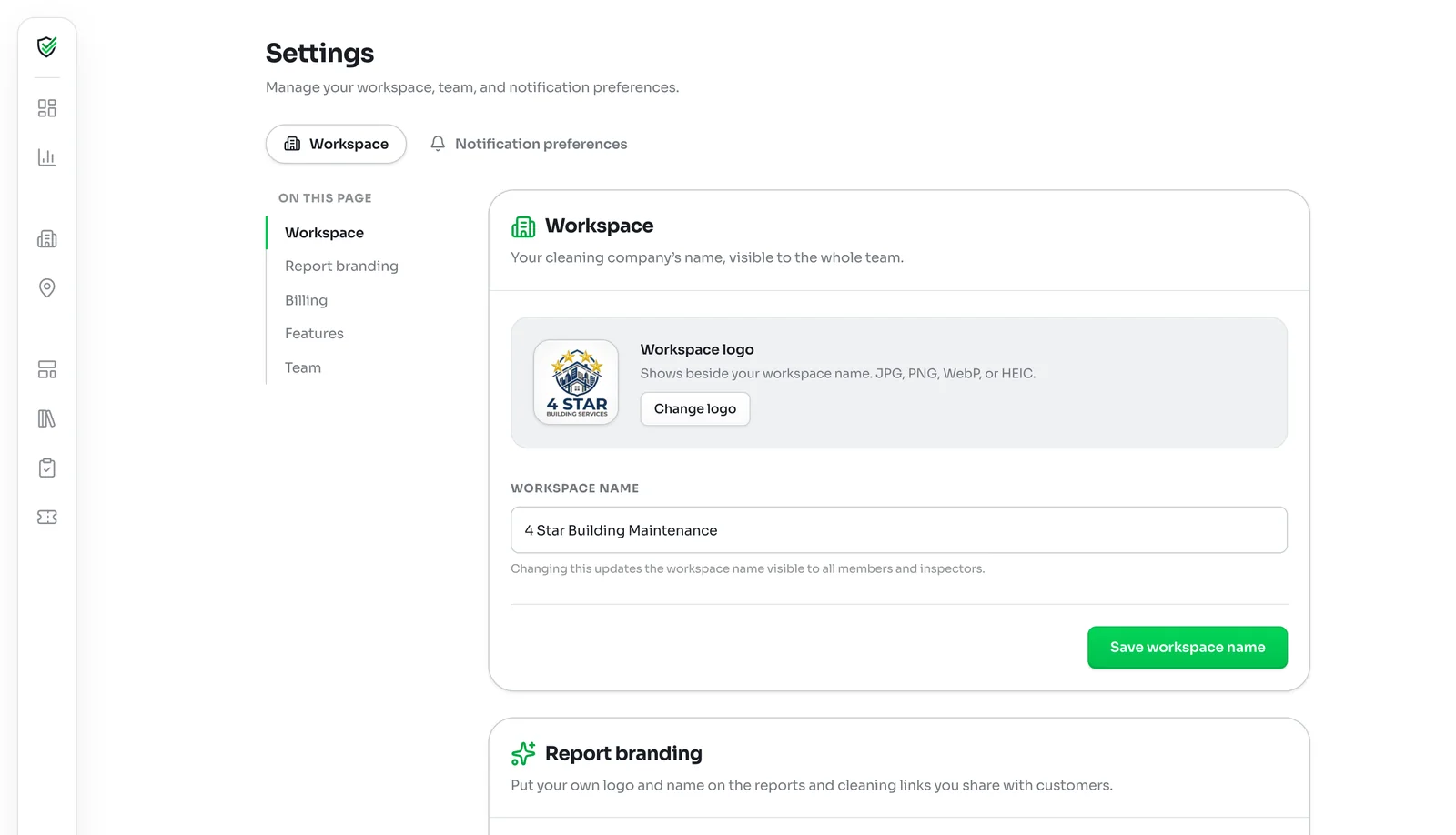 Settings page with an On this page menu and the Workspace card showing the 4 Star logo, a Change logo button, the workspace name and Save workspace name