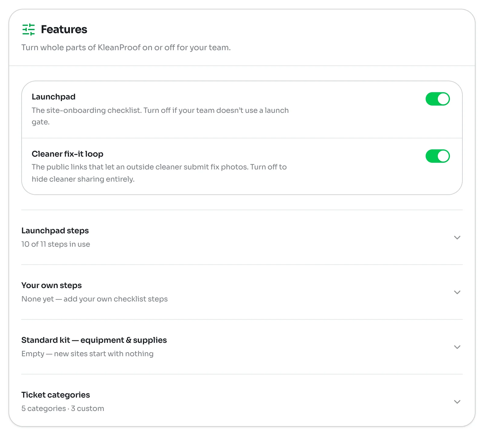 Features card with switches for Launchpad and Cleaner fix-it loop, and collapsed lists for Launchpad steps, Your own steps, Standard kit and Ticket categories
