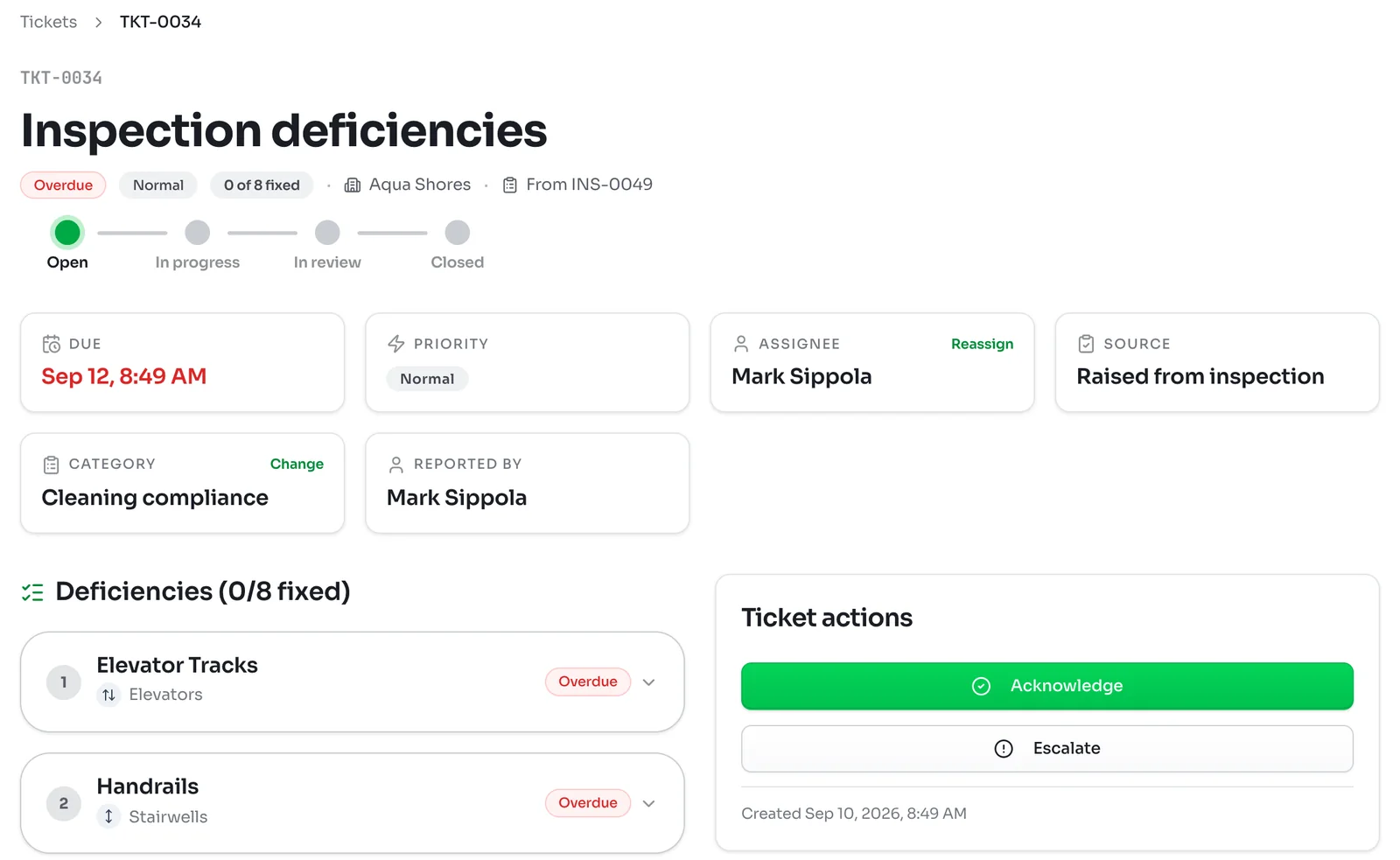 Ticket TKT-0034 Inspection deficiencies at Aqua Shores, Open with 0 of 8 fixed, tiles for due date, priority, assignee, source, category and reported by, and Ticket actions with Acknowledge and Escalate