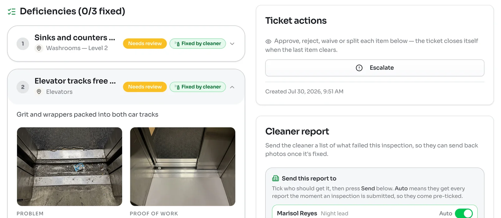 A ticket with two deficiencies marked Needs review and Fixed by cleaner, one opened to show the problem photo of an elevator track beside the cleaner's proof of work photo