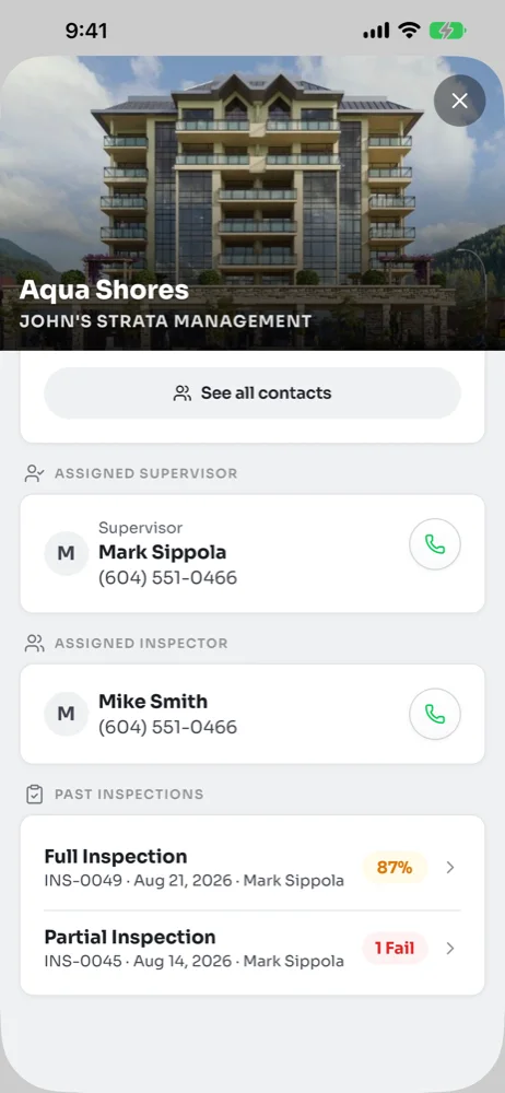 Past Inspections on the Aqua Shores site page, with a full inspection at 87% and a partial inspection showing 1 Fail