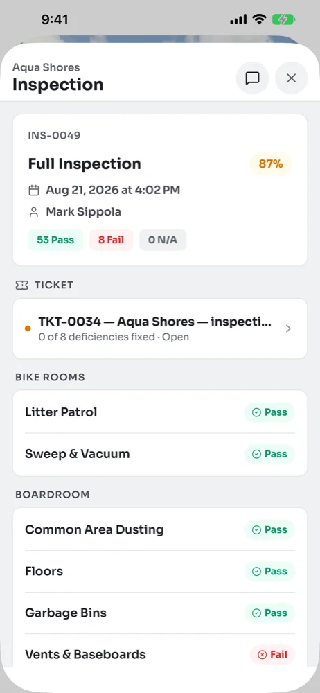 Inspection INS-0049 on the phone with an 87% score, 53 Pass, 8 Fail and 0 N/A, and the linked ticket TKT-0034 below
