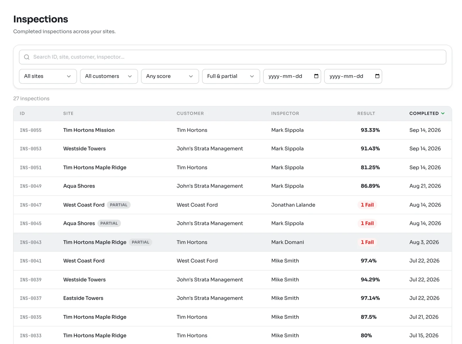 Inspections list on kleanproof.com with search, site, customer, score, type and date filters, and rows showing scores or 1 Fail for partial inspections