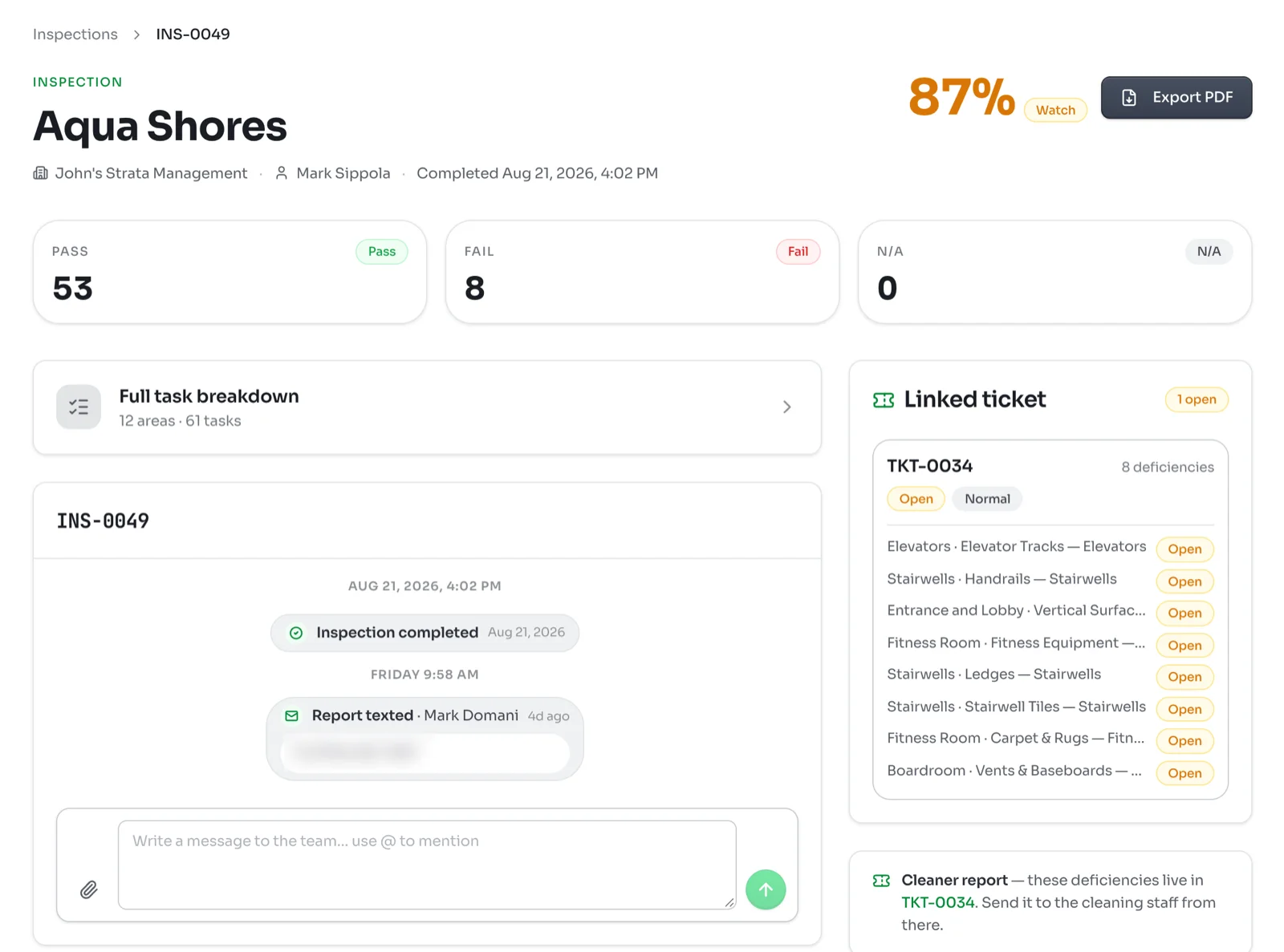 Inspection INS-0049 on kleanproof.com with an 87% Watch score, Export PDF, Pass Fail and N/A tiles, the Full task breakdown tile and the linked ticket TKT-0034