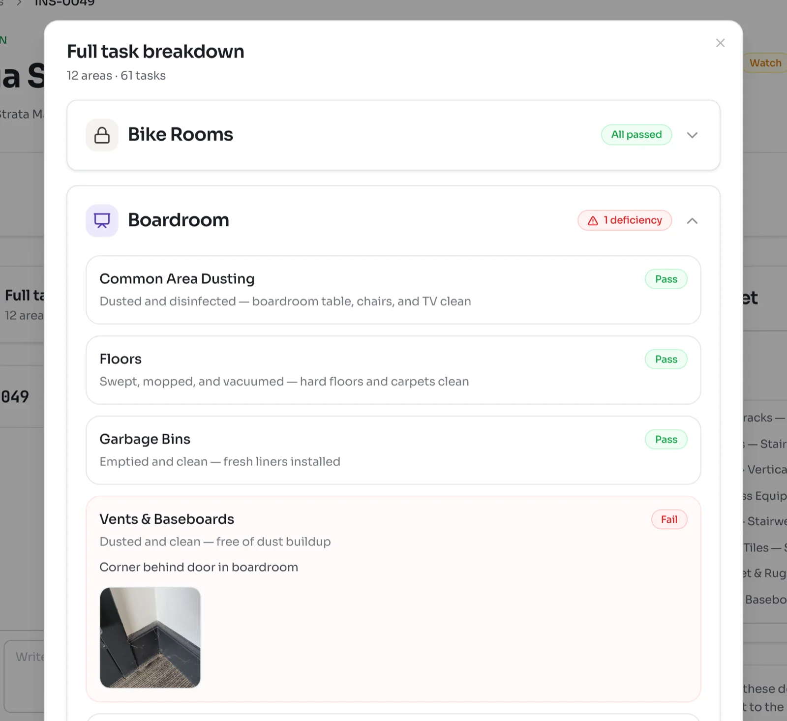 Full task breakdown window with Bike Rooms marked All passed and Boardroom showing 1 deficiency, a failed Vents and Baseboards item with its note and photo