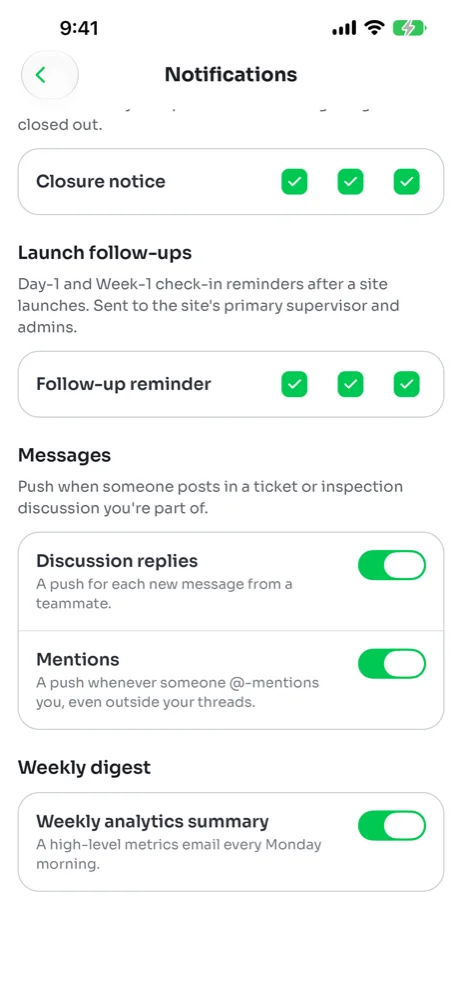 Phone notification settings with the Messages section showing Discussion replies and Mentions switched on