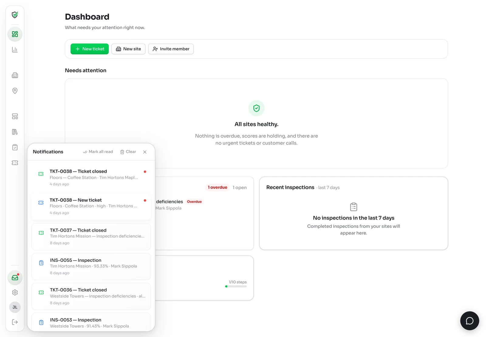 Notifications panel open on the kleanproof.com dashboard with ticket and inspection items, Mark all read and Clear