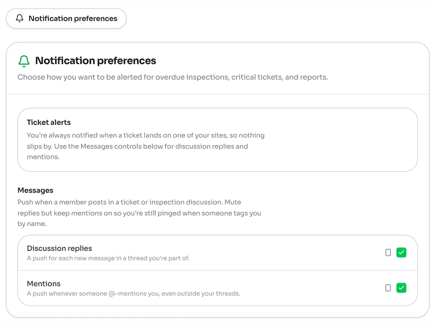 Web notification preferences for an inspector, with the Ticket alerts note and the Discussion replies and Mentions checkboxes