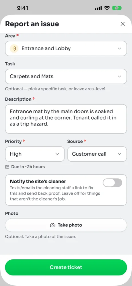 Lower half of the phone form showing Due in about 24 hours, the Notify the site's cleaner switch, a Take photo button and Create ticket