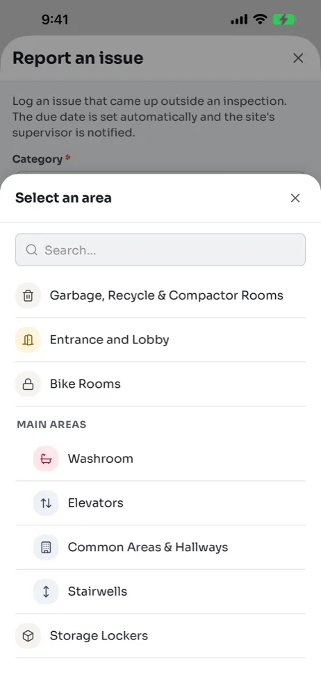 Select an area sheet on the phone listing the site's rooms, with Main Areas grouped under a heading and a search box at the top