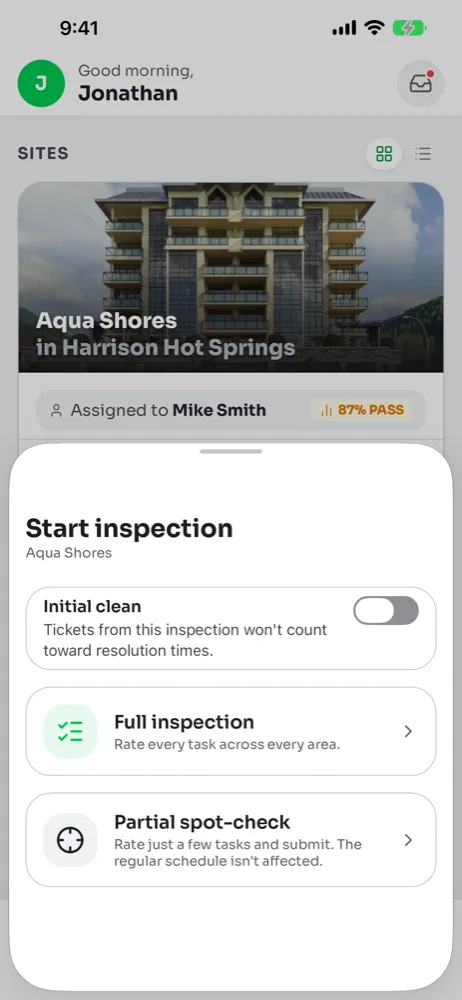 Start inspection sheet with Initial clean switch, Full inspection and Partial spot-check