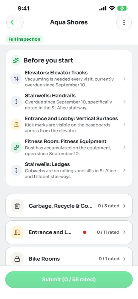 Area list with a Before you start card, icons on each area and a Submit button counting rated tasks