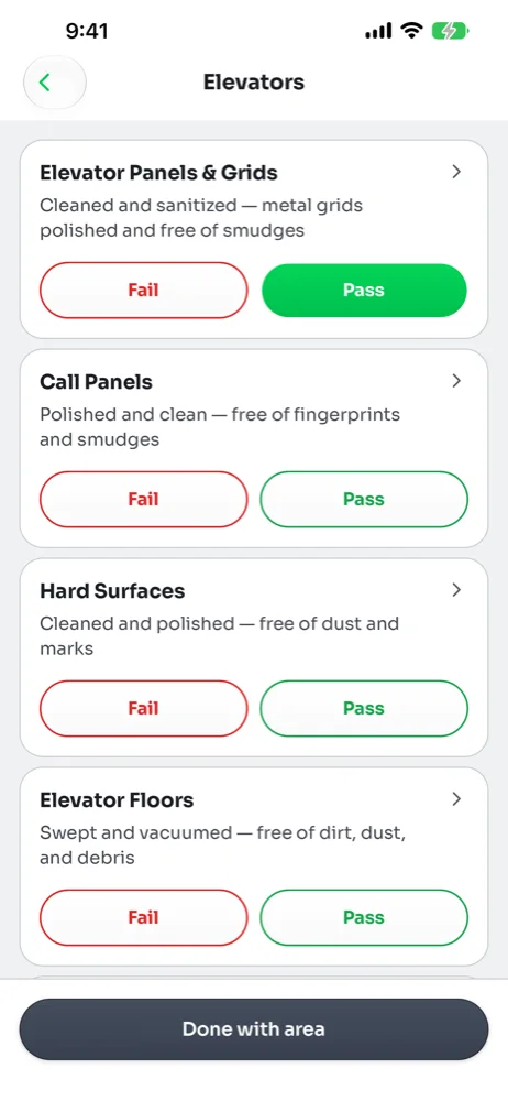 Task list for Elevators with Fail and Pass buttons under each task and the first task rated Pass
