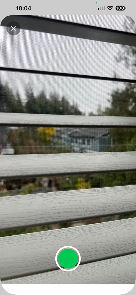 Camera view with a close button and a green shutter button