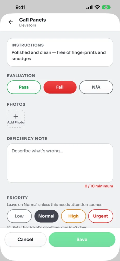 Task detail page with Fail selected, Add Photo tile, deficiency note box and the Priority row