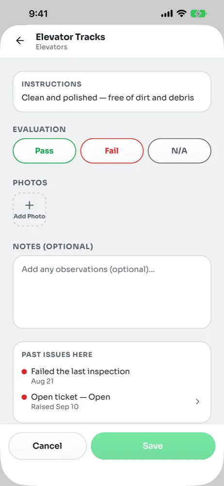 Task detail page for Elevator Tracks with Pass, Fail and N/A, an Add Photo tile, notes and a Past issues here list