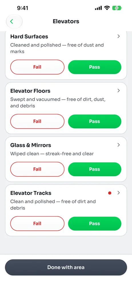 Elevators area with every task rated Pass and the Done with area button