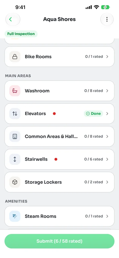 Area list with Elevators marked Done and Submit reading 6 of 58 rated
