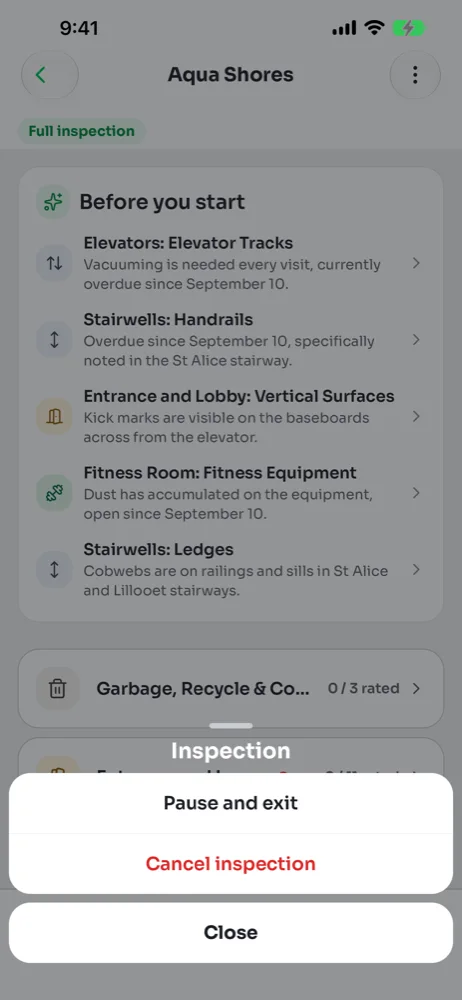 Menu with Pause and exit and Cancel inspection