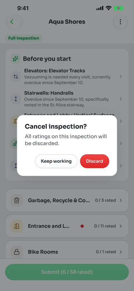 Cancel inspection confirmation with Keep working and Discard