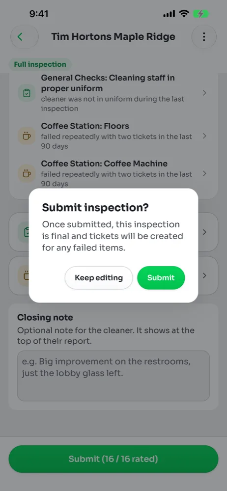 Submit inspection confirmation with Keep editing and Submit