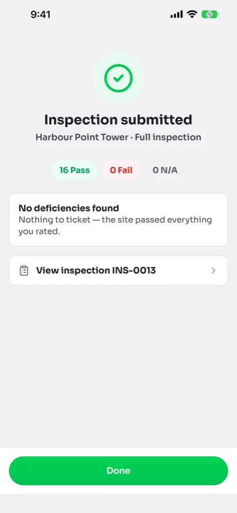 Inspection submitted screen showing 16 Pass, 0 Fail, 0 N/A and no deficiencies found