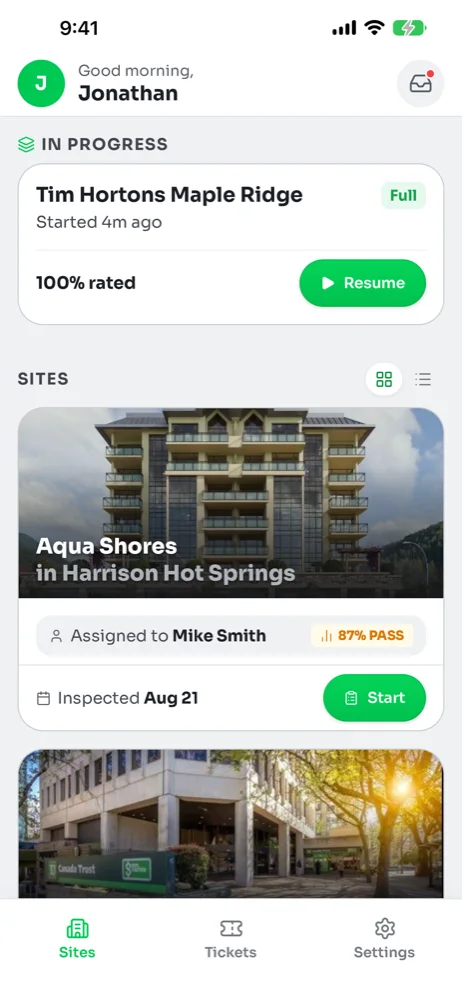 Sites tab with an In progress card for Tim Hortons Maple Ridge showing 100% rated and a Resume button